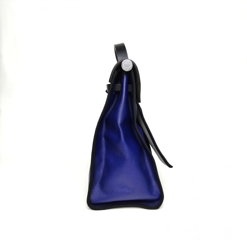 HERMES Herbag3989黑色拼M3水墨藍防水帆布D刻銀扣肩背包-1