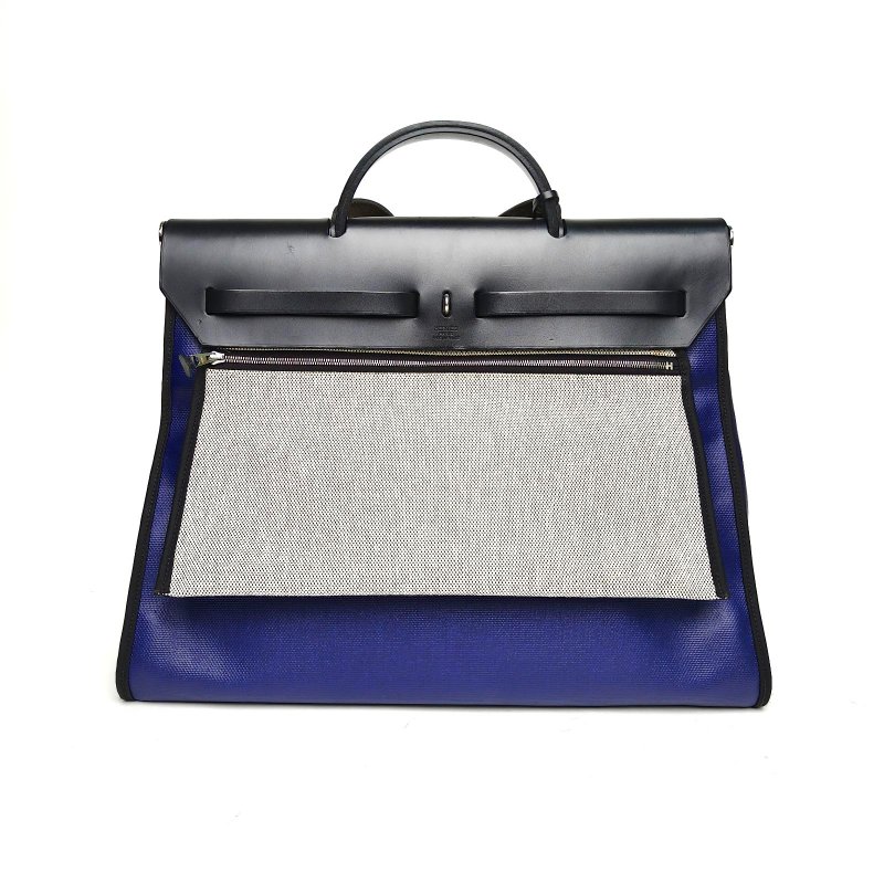 HERMES Herbag3989黑色拼M3水墨藍防水帆布D刻銀扣肩背包-2