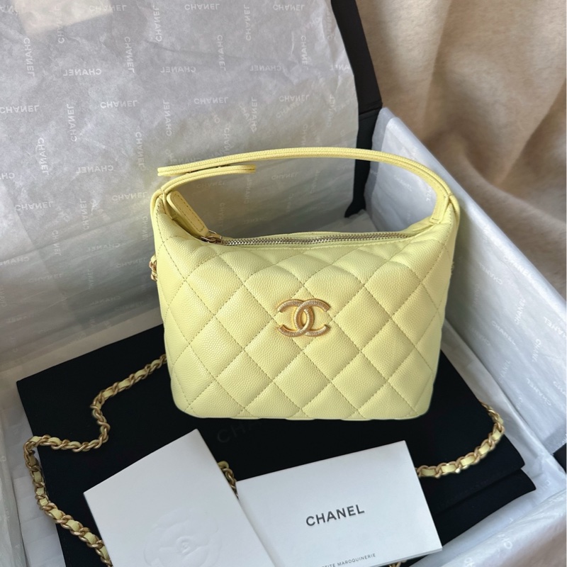 【帶票大全套 💕 】Chanel 25P 飯盒包 拉絲金扣大logo 黃色 淺黃色 淡黃色 小雞黃 荔枝牛皮 手提 單肩 斜挎-0