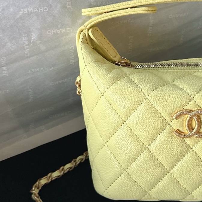 【帶票大全套 💕 】Chanel 25P 飯盒包 拉絲金扣大logo 黃色 淺黃色 淡黃色 小雞黃 荔枝牛皮 手提 單肩 斜挎-4
