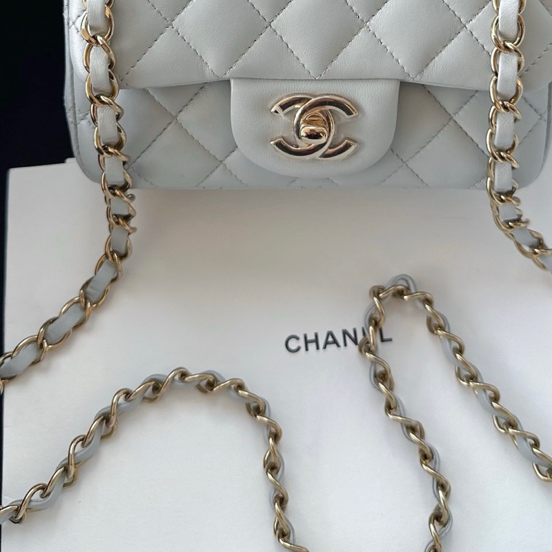 【配件:盒子、防塵袋 💕 】Chanel 23S cf 方胖子 灰藍色 霧霾藍 金扣 羊皮 手提 單肩 斜挎-3