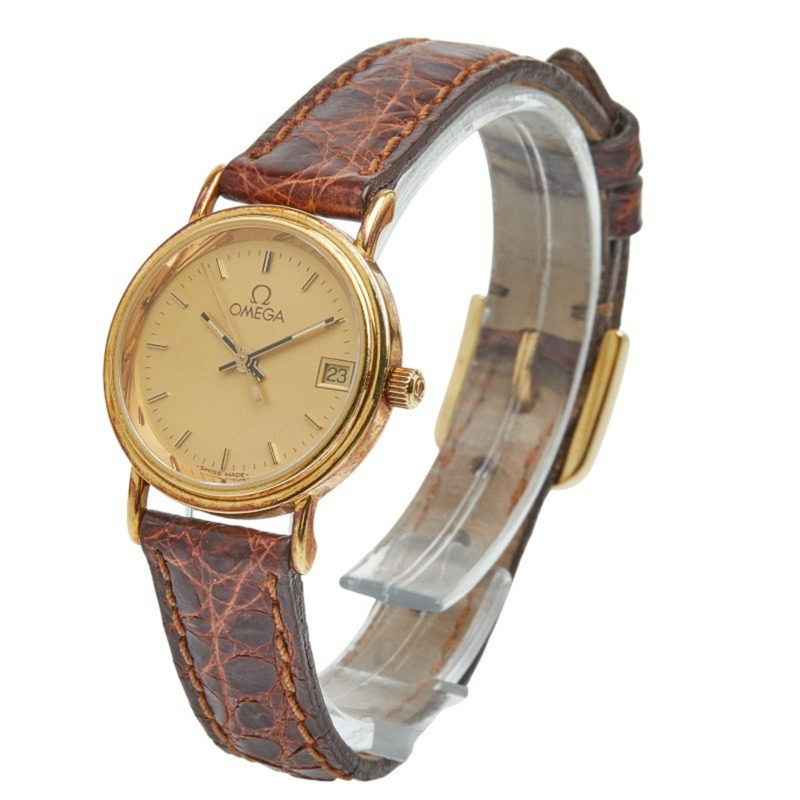 歐米茄女錶 79801112 石英錶 金色錶盤 不鏽鋼錶帶 皮革錶帶-1