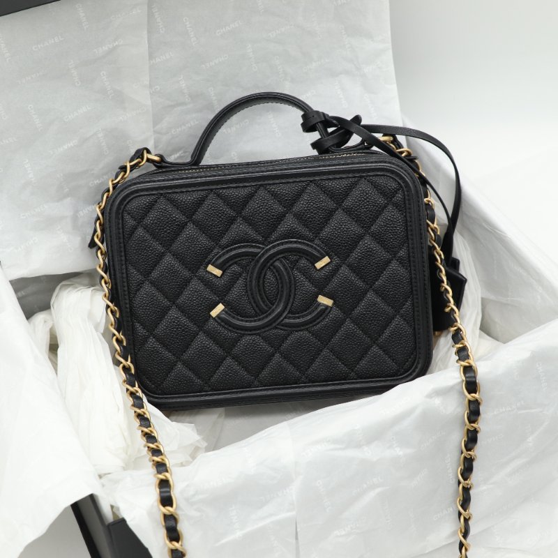 Chanel 香奈兒 Vanity Case 金釦 荔枝紋 黑色 牛皮 手提 肩背 化妝箱-0