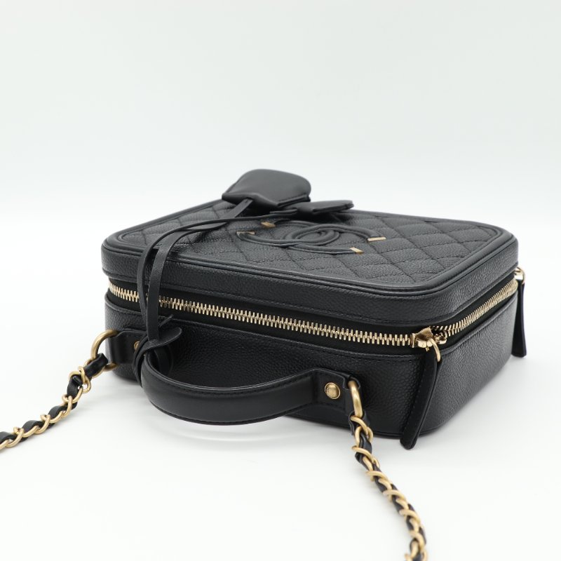 Chanel 香奈兒 Vanity Case 金釦 荔枝紋 黑色 牛皮 手提 肩背 化妝箱-3