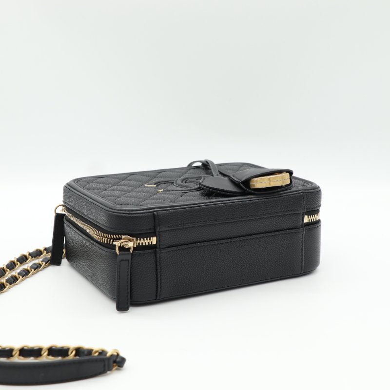 Chanel 香奈兒 Vanity Case 金釦 荔枝紋 黑色 牛皮 手提 肩背 化妝箱-4