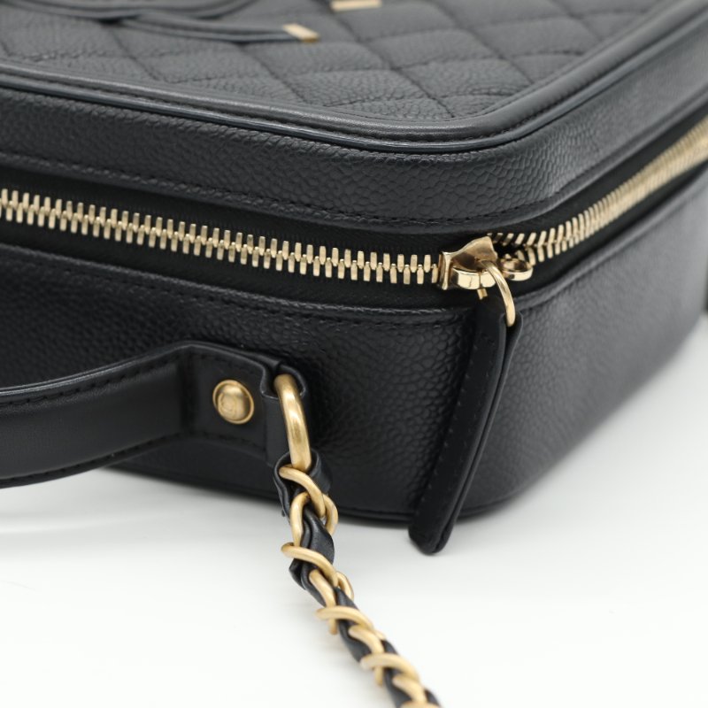 Chanel 香奈兒 Vanity Case 金釦 荔枝紋 黑色 牛皮 手提 肩背 化妝箱-6