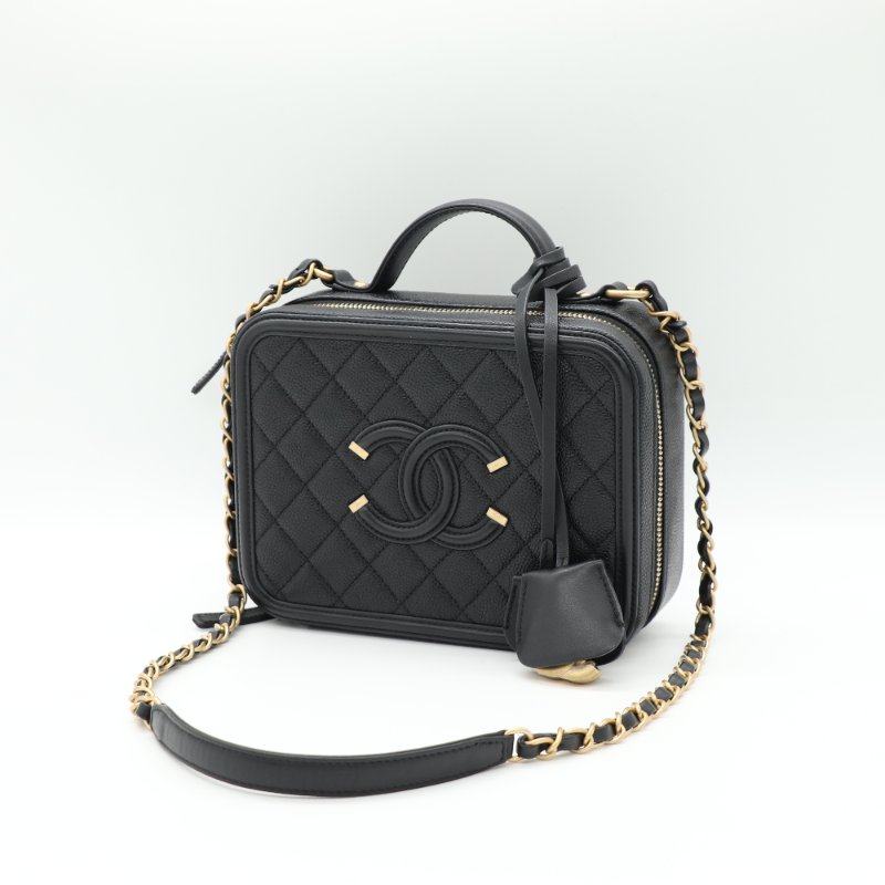 Chanel 香奈兒 Vanity Case 金釦 荔枝紋 黑色 牛皮 手提 肩背 化妝箱-5