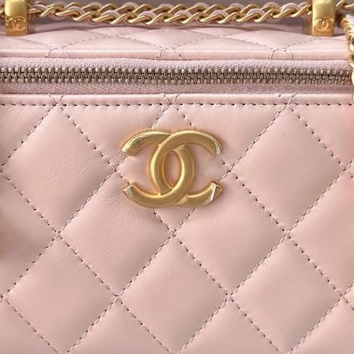 【配件：盒子、防塵袋、說明書 💕 全新】Chanel 25S 雙金球 長盒子 盒子包 化妝包 粉色 櫻花粉 金扣 牛皮 肩帶可調節 手提 單肩 斜挎-3