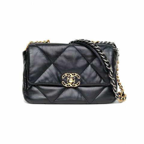 CHANEL 19BAG口蓋包小號26黑色羊皮晶片開金銀扣肩背包