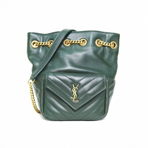 SAINT LAURENT 綠色羊皮金扣JOE水桶mini單肩包斜挎包肩背包