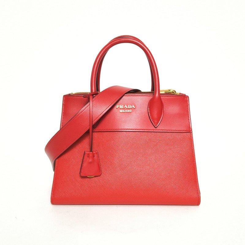 PRADA 紅色牛皮經典saffiano十字紋手提包配可拆卸肩帶肩背包-0