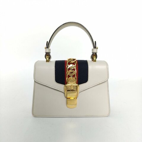 GUCCI Sylvie塞爾維亞絲帶包皮手帶Mini20白色牛皮金扣肩背包