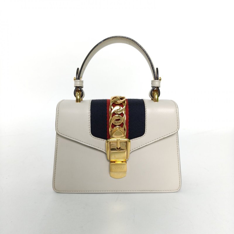 GUCCI Sylvie塞爾維亞絲帶包皮手帶Mini20白色牛皮金扣肩背包-0