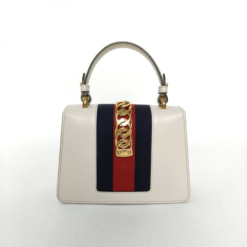 GUCCI Sylvie塞爾維亞絲帶包皮手帶Mini20白色牛皮金扣肩背包-2
