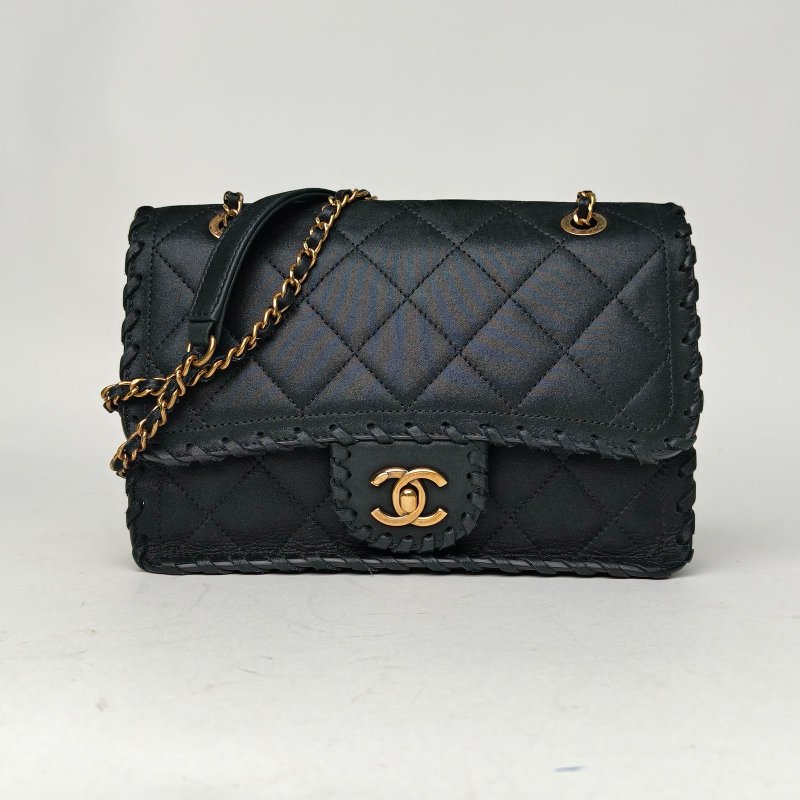 CHANEL 黑色科技布20開金扣復古滾邊CF經典口蓋包小號肩背包-0