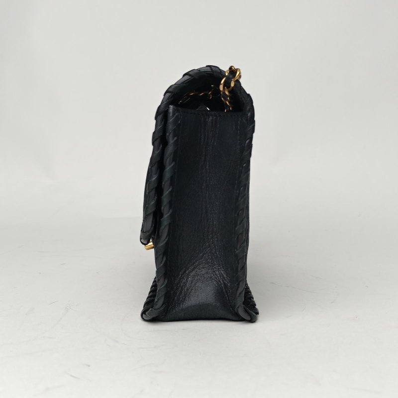 CHANEL 黑色科技布20開金扣復古滾邊CF經典口蓋包小號肩背包-1