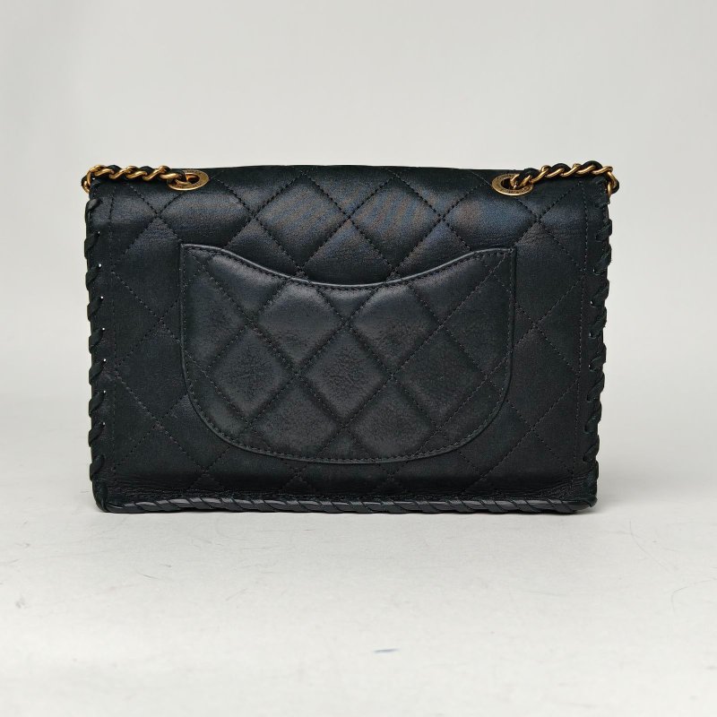 CHANEL 黑色科技布20開金扣復古滾邊CF經典口蓋包小號肩背包-2