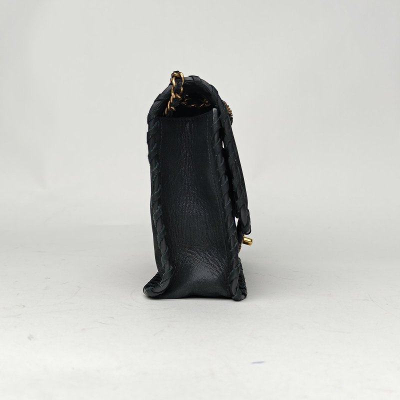 CHANEL 黑色科技布20開金扣復古滾邊CF經典口蓋包小號肩背包-3