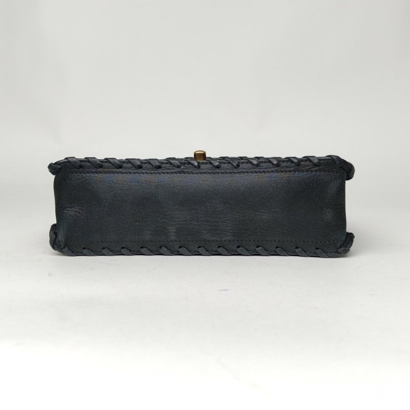 CHANEL 黑色科技布20開金扣復古滾邊CF經典口蓋包小號肩背包-4