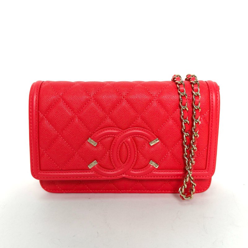 CHANEL VanityCaseWOC19紅色荔枝牛皮29開金扣雙C大LOGO菱格紋肩背包-0