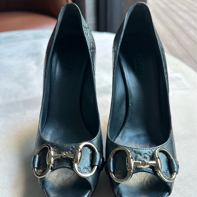 GUCCI 藍綠色皮革魚口高跟鞋-0