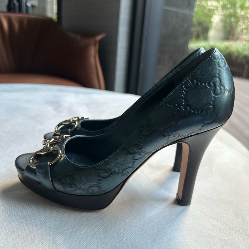 GUCCI 藍綠色皮革魚口高跟鞋-1