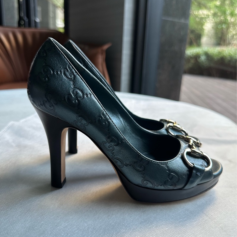 GUCCI 藍綠色皮革魚口高跟鞋-3