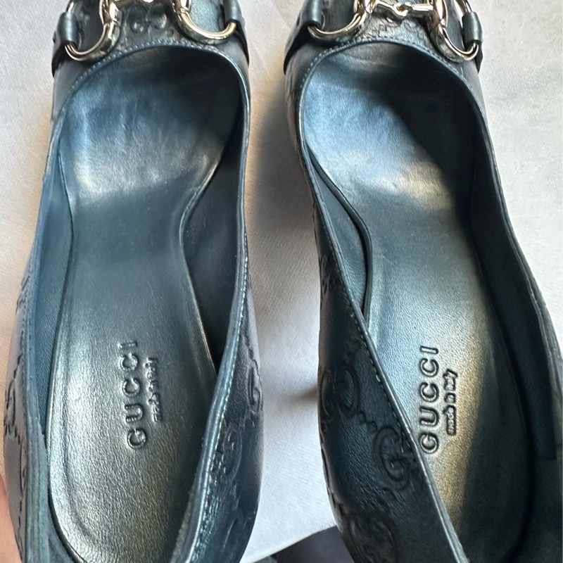 GUCCI 藍綠色皮革魚口高跟鞋-4