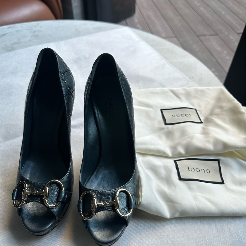 GUCCI 藍綠色皮革魚口高跟鞋-5