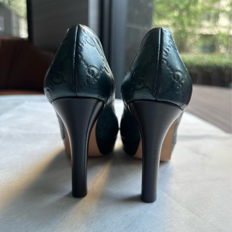 GUCCI 藍綠色皮革魚口高跟鞋-8