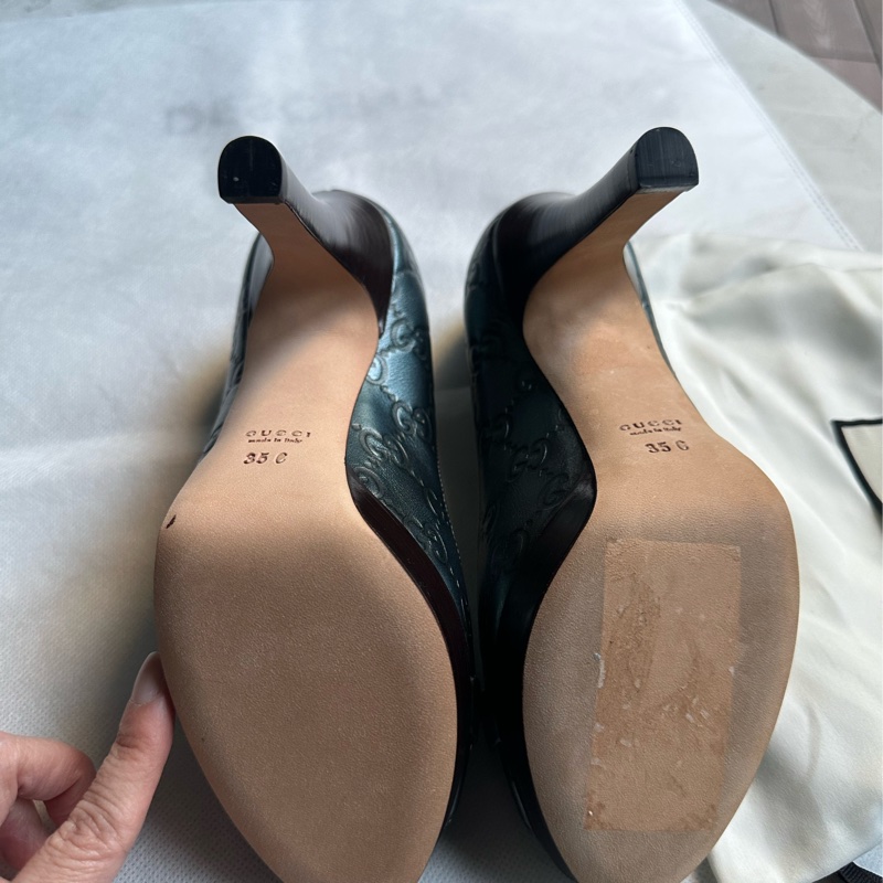 GUCCI 藍綠色皮革魚口高跟鞋-13