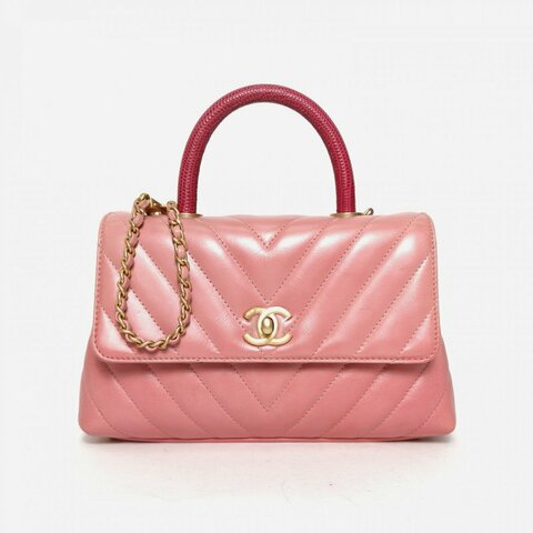 CHANEL CocoHandle小號24粉色牛皮25開金扣V紋蜥蜴皮手柄肩背包