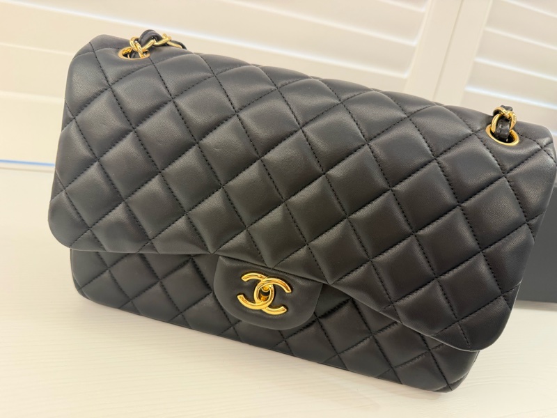 Chanel  Jumbo羊皮黑金口蓋包 有卡 包裝完整-5