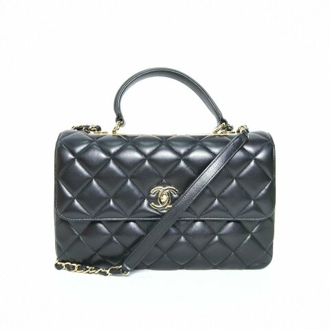 CHANEL TrendyCC手提風琴包中號30黑色羊皮24開淺金扣肩背包