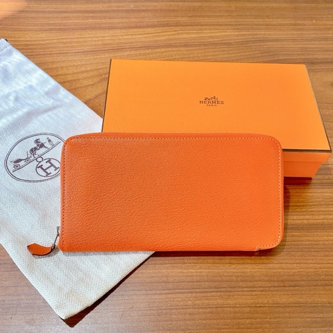【近新閒置品】HERMES愛馬仕橘 橙色長款拉鍊錢包epson皮 T刻內襯全皮長夾財布