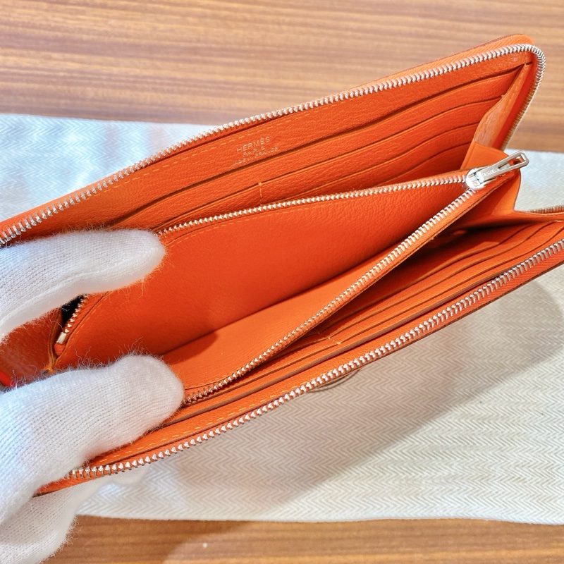 【近新閒置品】HERMES愛馬仕橘 橙色長款拉鍊錢包epson皮 T刻內襯全皮長夾財布-11