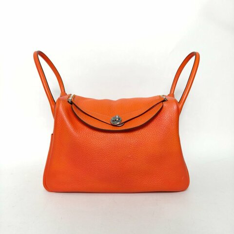 HERMES Lindy3493愛馬仕橙TC皮T刻銀扣肩背包