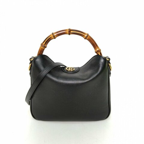 GUCCI 黑色牛皮金扣Diana戴安娜竹節手柄HOBO包23肩背包