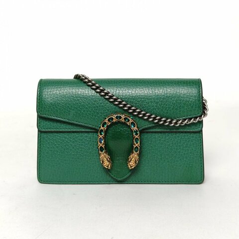 GUCCI Dionysus酒神超Mini16.5翡翠綠牛皮鑽扣肩背包