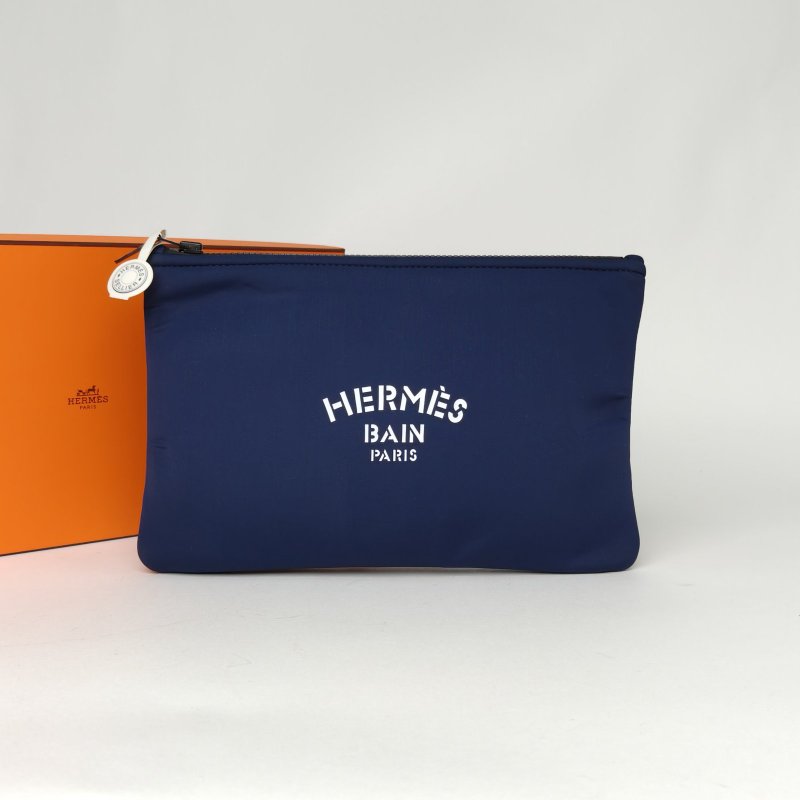 HERMES 藍色棉洗漱包肩背包-4