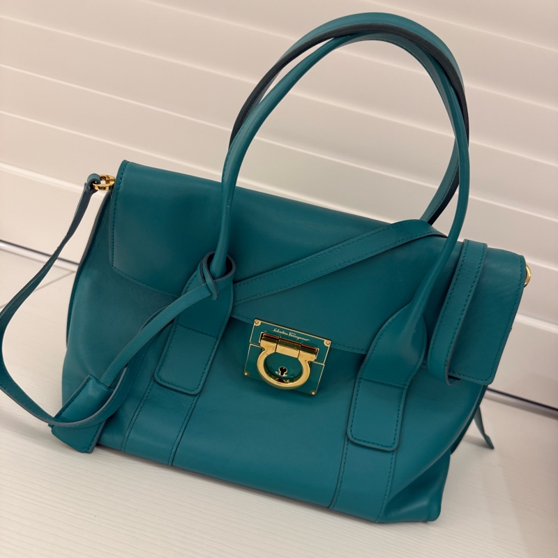 Salvatore Ferragamo孔雀綠手提肩揹兩用包-6