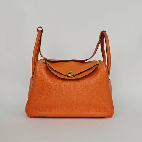 HERMES Lindy3093愛馬仕橙TC皮框O金扣肩背包