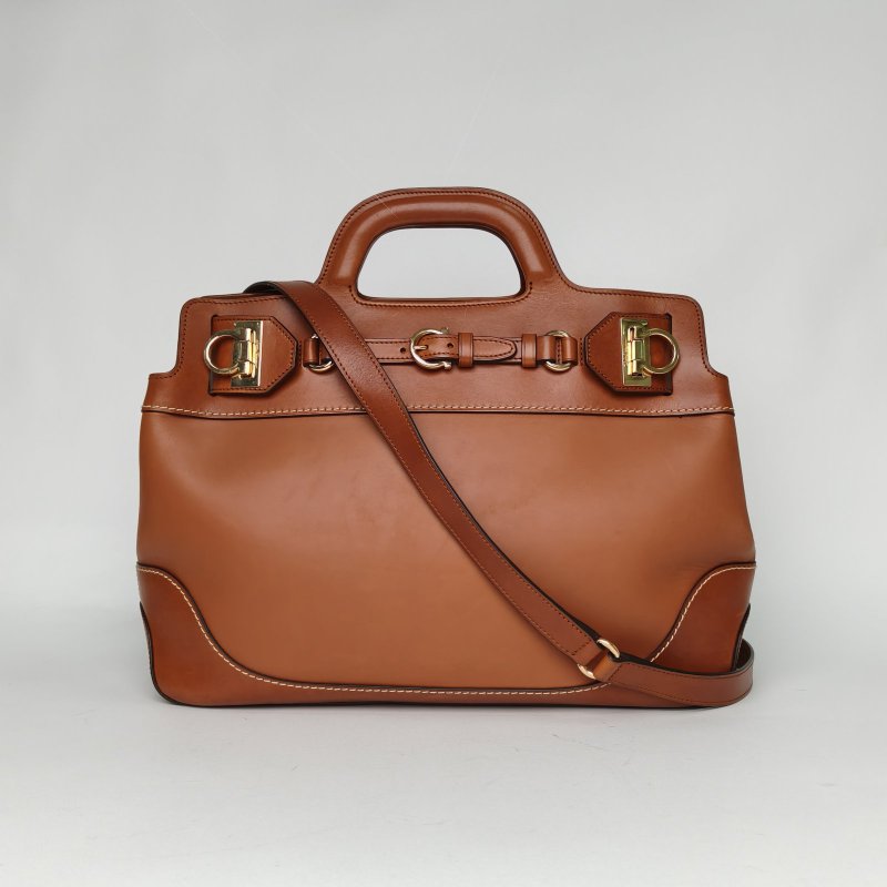 Salvatore Ferragamo 棕色牛皮金扣中古菲拉格慕經典馬蹄扣托特包手提包配可拆卸肩帶肩背包-0