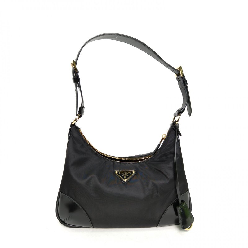 PRADA 黑色牛皮尼龍三角標新款hobo腋下包單肩包/肩背包-0