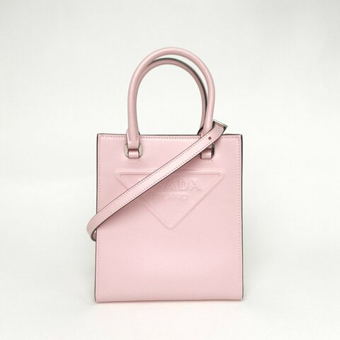PRADA 粉色牛皮大logo浮雕款設計皮革手提托特包小號肩背包