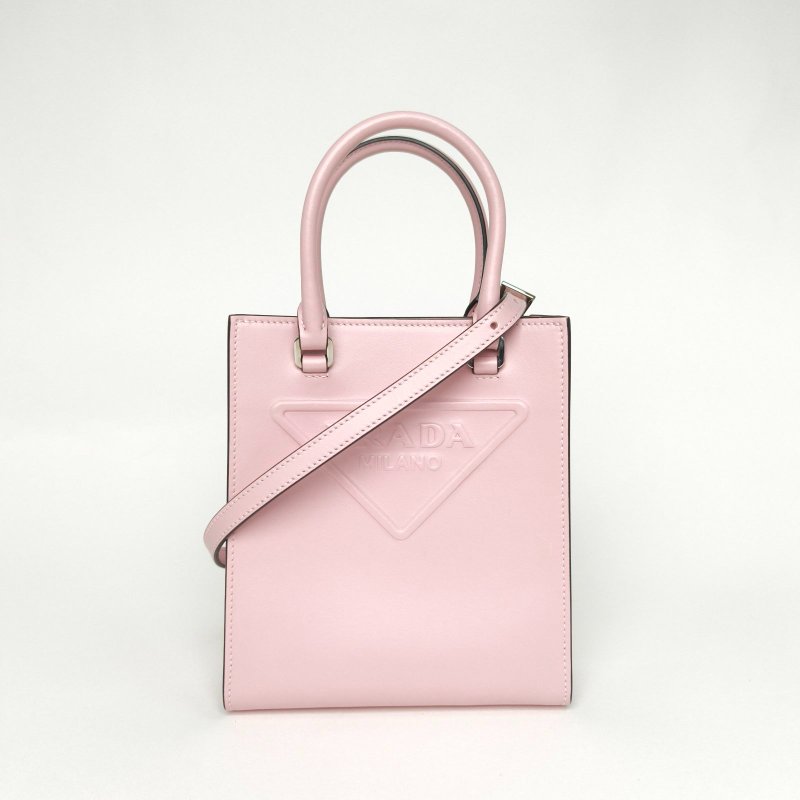 PRADA 粉色牛皮大logo浮雕款設計皮革手提托特包小號肩背包-0