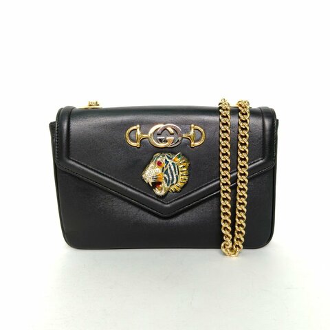 GUCCI 雙G搭扣水晶琺瑯虎頭裝飾全皮單肩斜挎包小號黑色牛皮金銀扣肩背包