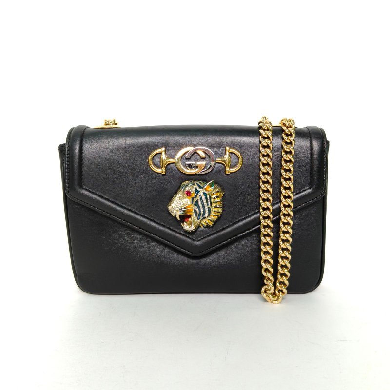 GUCCI 雙G搭扣水晶琺瑯虎頭裝飾全皮單肩斜挎包小號黑色牛皮金銀扣肩背包-0