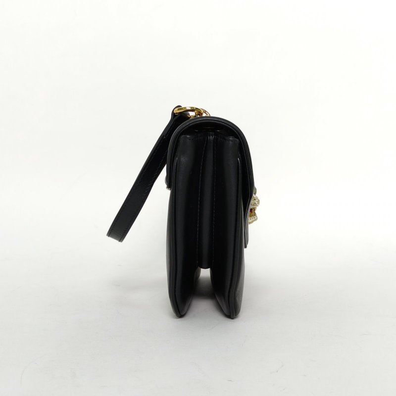 GUCCI 雙G搭扣水晶琺瑯虎頭裝飾全皮單肩斜挎包小號黑色牛皮金銀扣肩背包-1