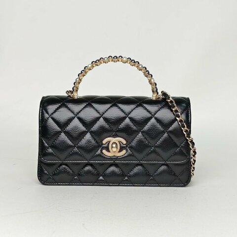 CHANEL 24P金屬寶石手柄黑色牛皮鐳射標金扣山茶花手柄肩背包